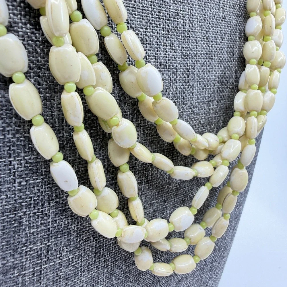 Cream Lime Green Multistrand Beaded Necklace Long Layered Chunky Boho Statement